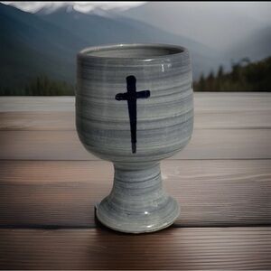 Hand Thrown Blue Vtg Chalice Cross Louisville Pottery Stoneware Chalice Marked